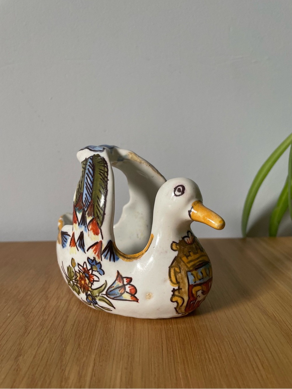 Vintage French Faience Rouen Hand Painted Duck Salt Cellar Trinket Dish